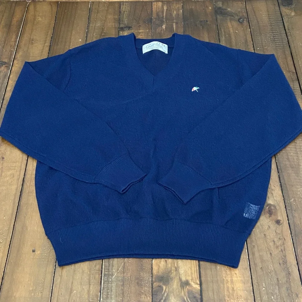 Arnold Palmer Renown Vintage V-Neck Sweater Navy Blue Umbrella Logo Mens M